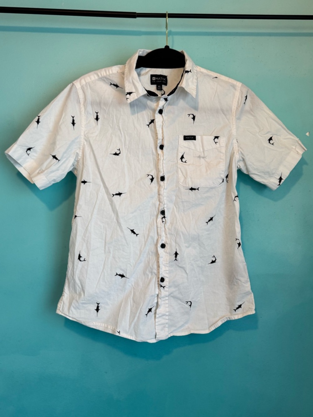 Matix White Short-Sleeve Button-Down with Black Swordfish Print